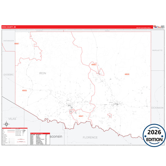Iron County, MI Red Line 5 Digit ZIP Code Wall Map