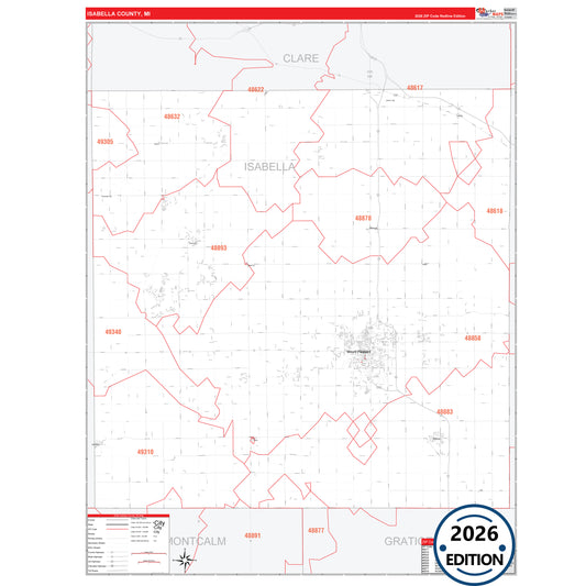 Isabella County, MI Red Line 5 Digit ZIP Code Wall Map