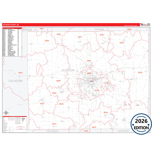 Jackson County, MI Red Line 5 Digit ZIP Code Wall Map