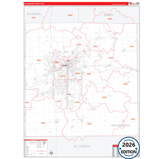 Kalamazoo County, MI Red Line 5 Digit ZIP Code Wall Map