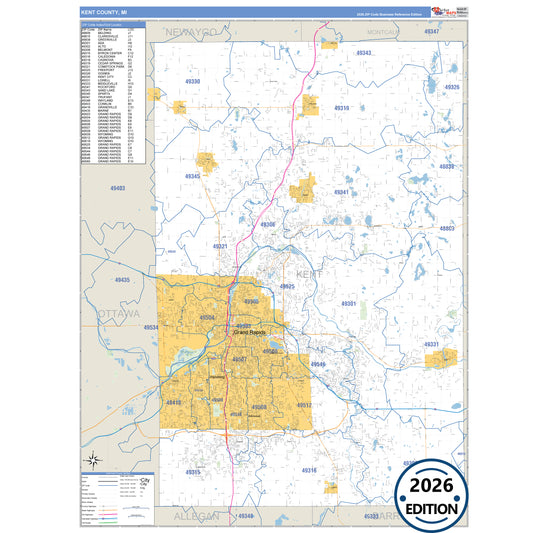 Kent County, MI Business Reference 5 Digit ZIP Code Wall Map