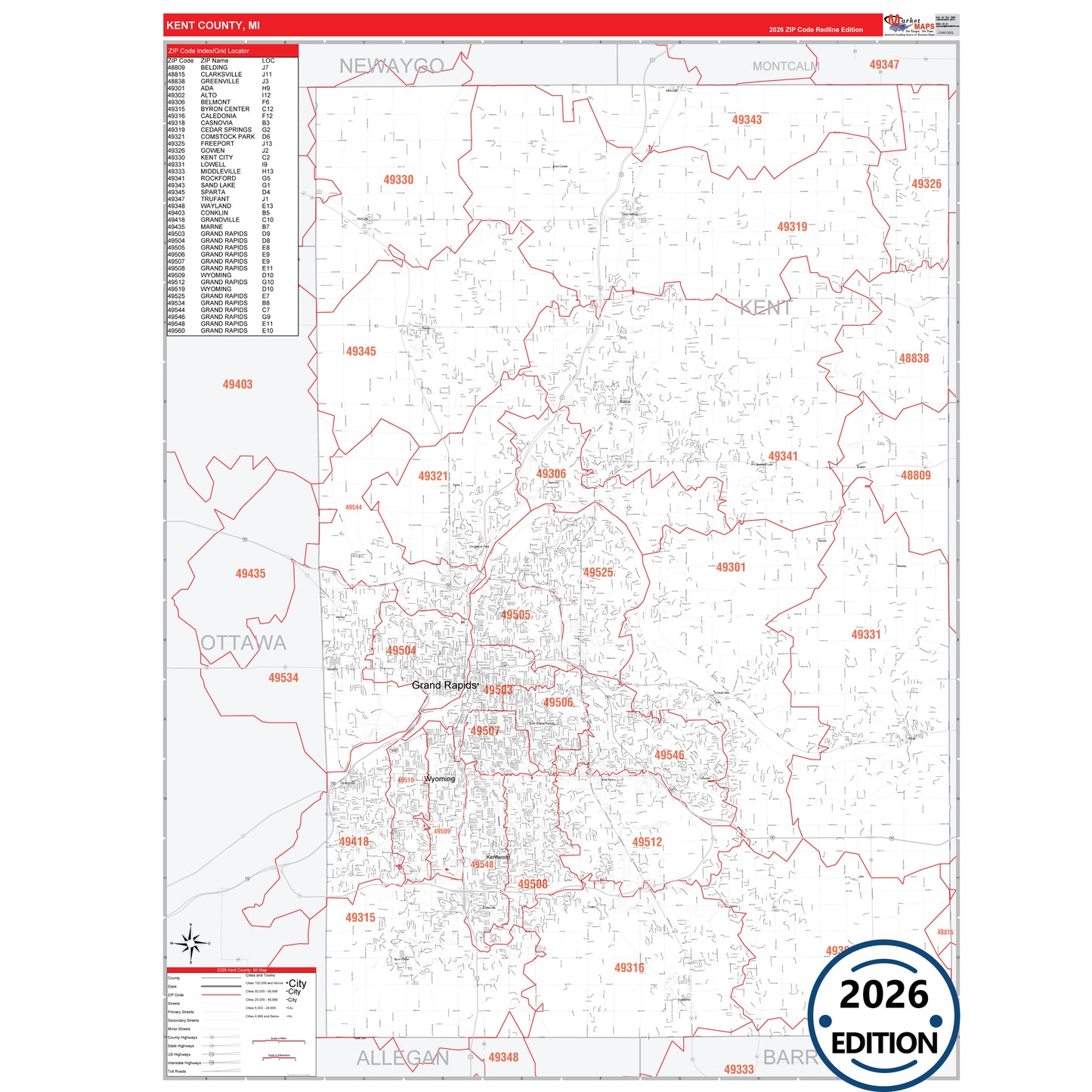 Kent County, MI Red Line 5 Digit ZIP Code Wall Map