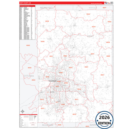 Kent County, MI Red Line 5 Digit ZIP Code Wall Map