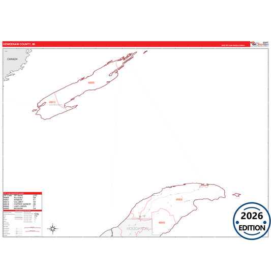 Keweenaw County, MI Red Line 5 Digit ZIP Code Wall Map