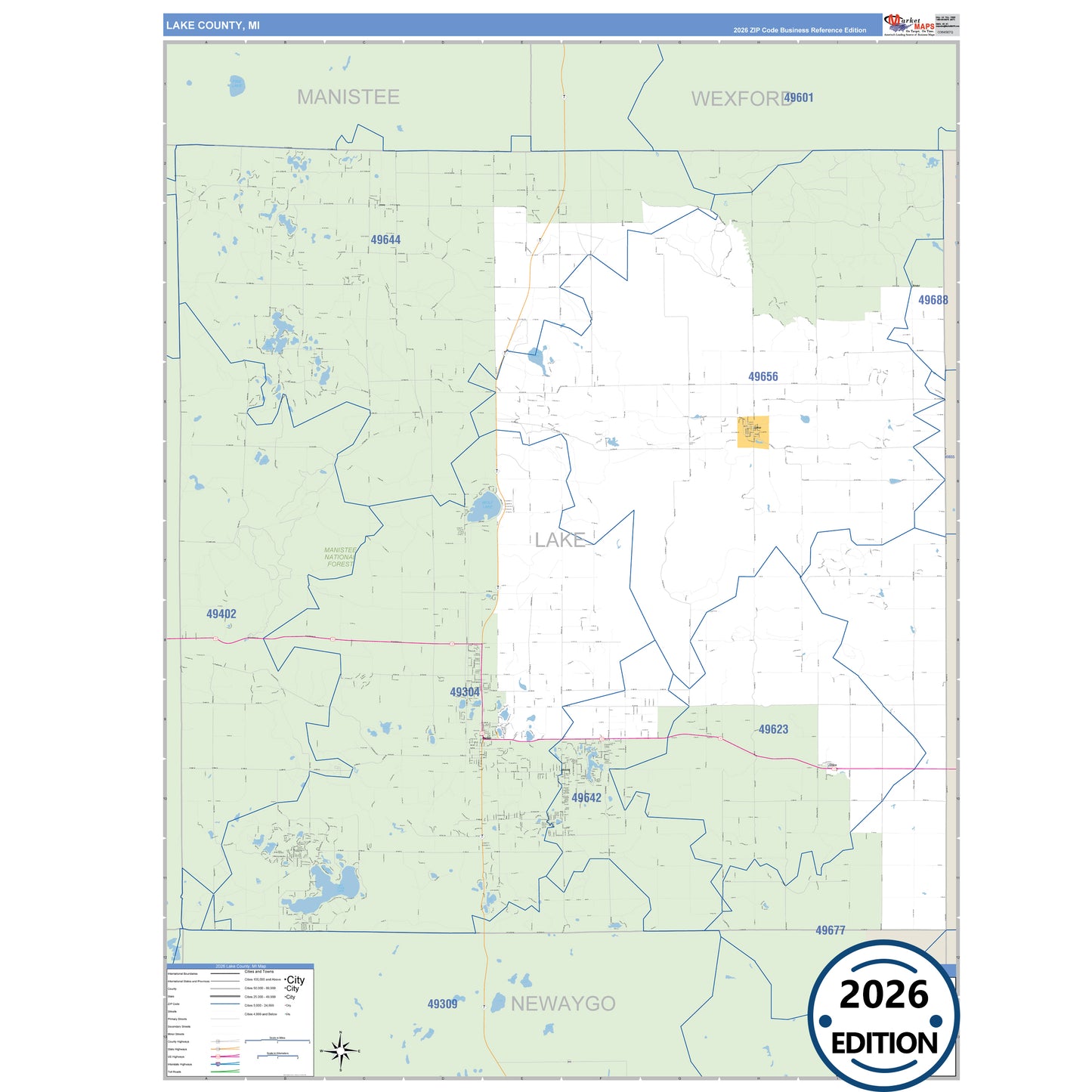 Lake County, MI Business Reference 5 Digit ZIP Code Wall Map