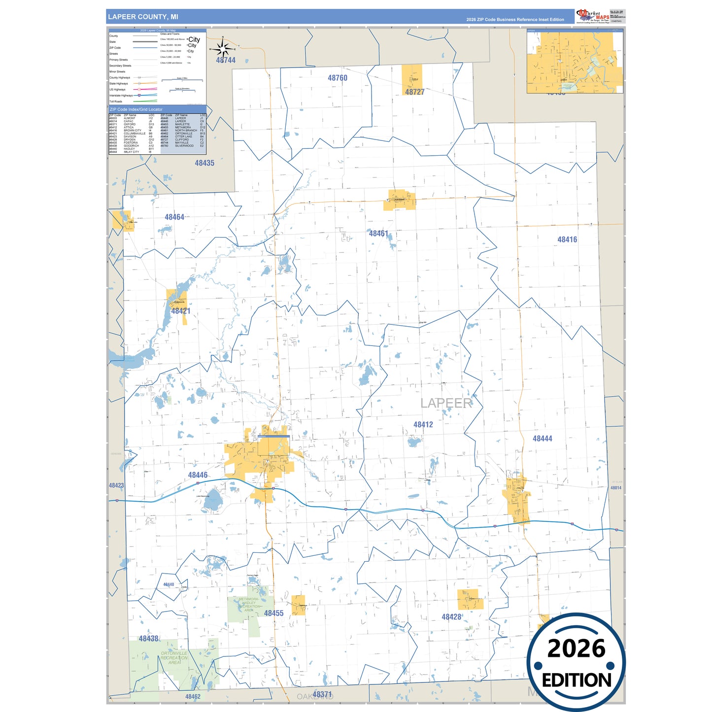 Lapeer County, MI Business Reference 5 Digit ZIP Code Wall Map