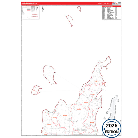 Leelanau County, MI Red Line 5 Digit ZIP Code Wall Map