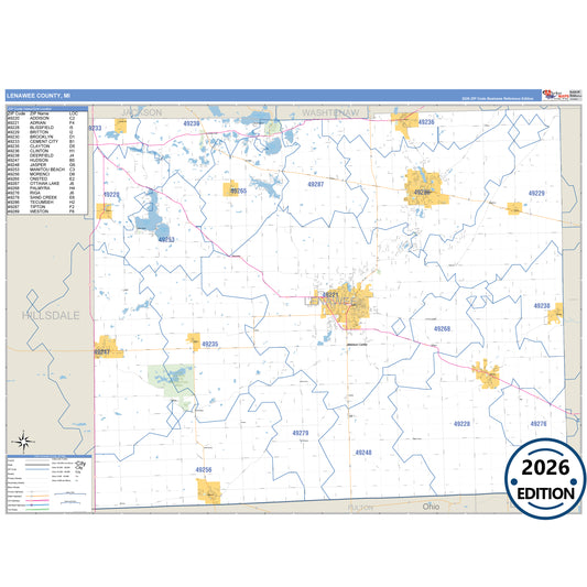 Lenawee County, MI Business Reference 5 Digit ZIP Code Wall Map
