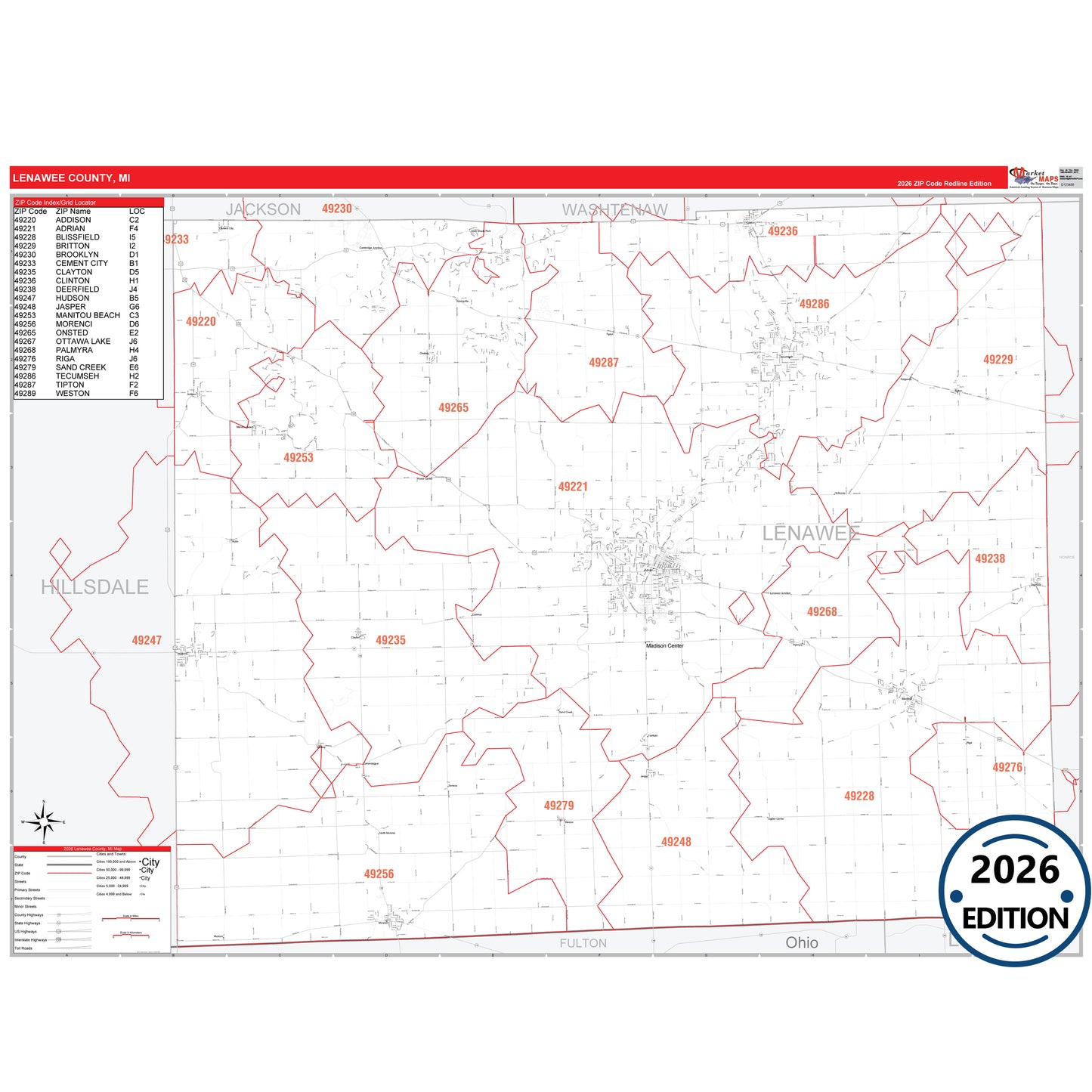 Lenawee County, MI Red Line 5 Digit ZIP Code Wall Map