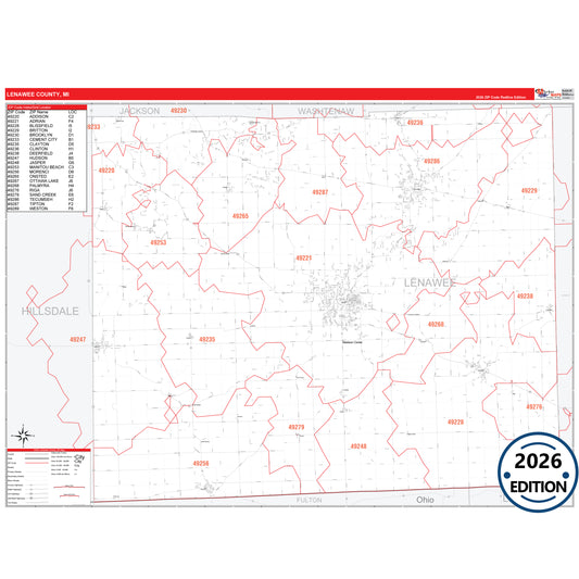 Lenawee County, MI Red Line 5 Digit ZIP Code Wall Map