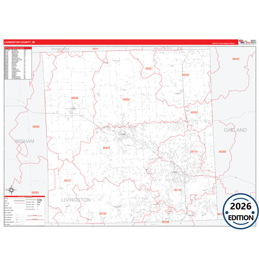 Livingston County, MI Red Line 5 Digit ZIP Code Wall Map