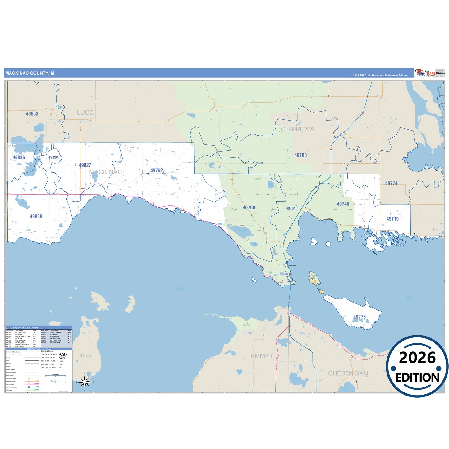 Mackinac County, MI Business Reference 5 Digit ZIP Code Wall Map