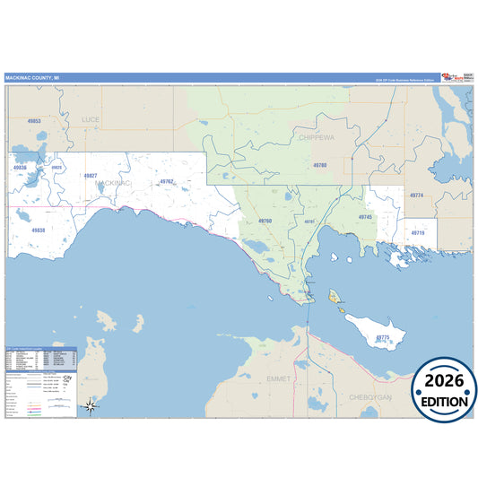Mackinac County, MI Business Reference 5 Digit ZIP Code Wall Map