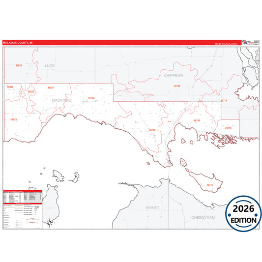 Mackinac County, MI Red Line 5 Digit ZIP Code Wall Map