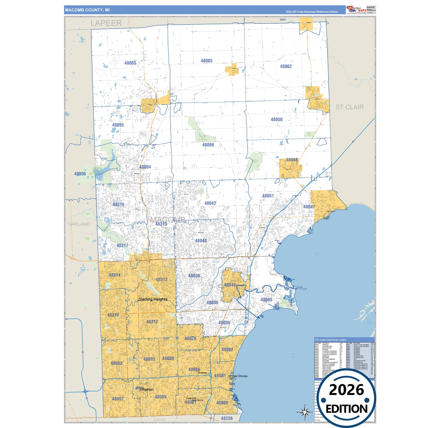 Macomb County, MI Business Reference 5 Digit ZIP Code Wall Map