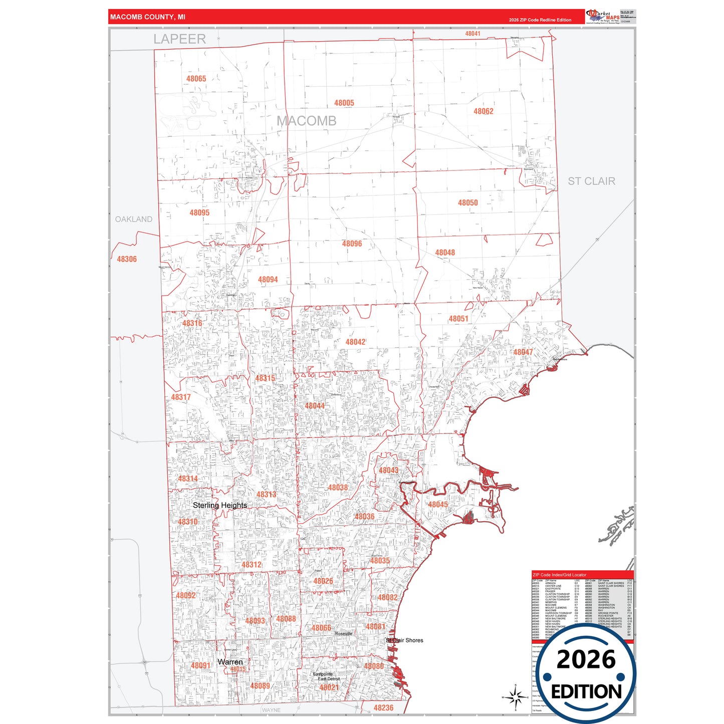 Macomb County, MI Red Line 5 Digit ZIP Code Wall Map
