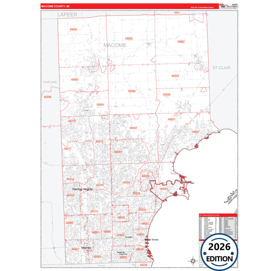 Macomb County, MI Red Line 5 Digit ZIP Code Wall Map