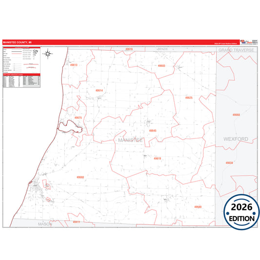 Manistee County, MI Red Line 5 Digit ZIP Code Wall Map