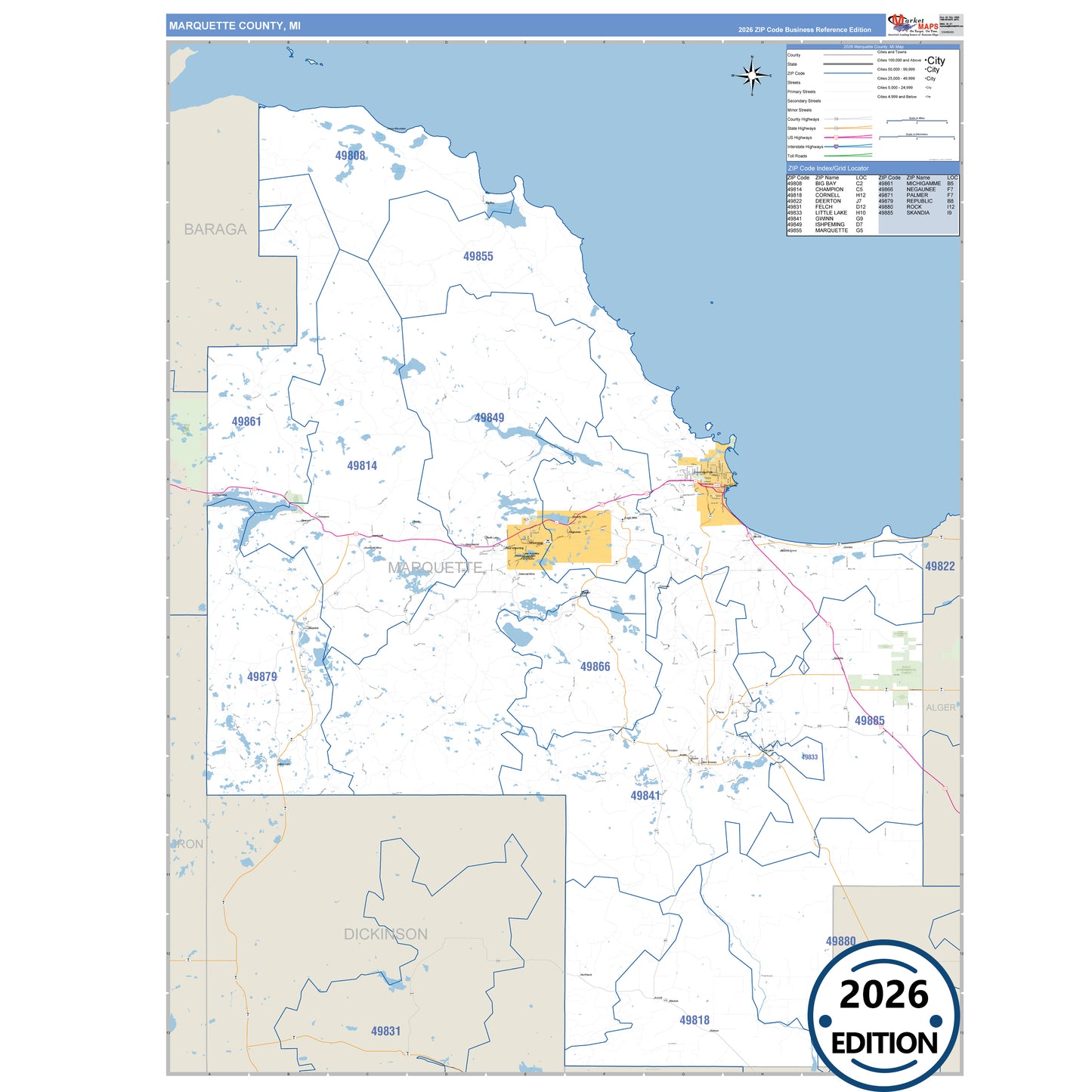 Marquette County, MI Business Reference 5 Digit ZIP Code Wall Map