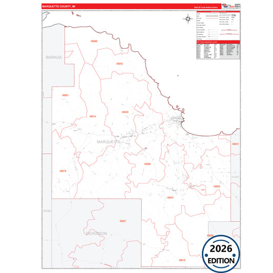 Marquette County, MI Red Line 5 Digit ZIP Code Wall Map