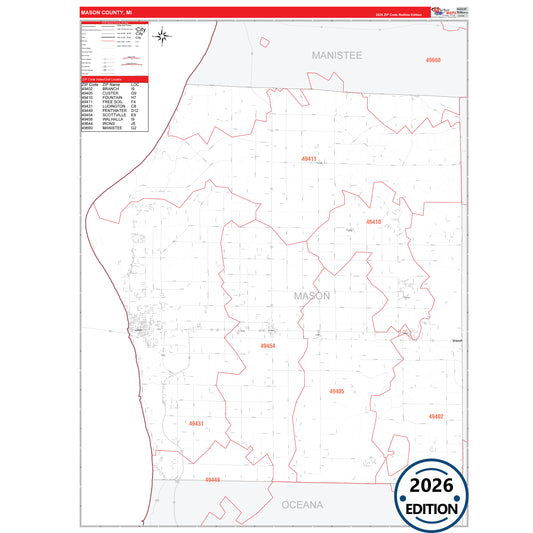 Mason County, MI Red Line 5 Digit ZIP Code Wall Map