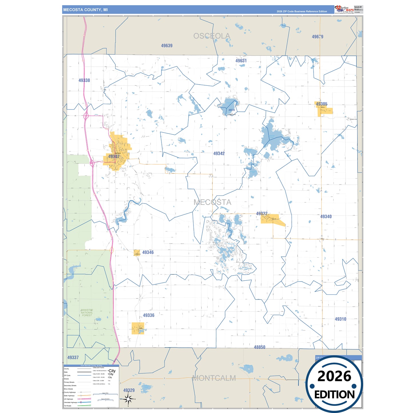 Mecosta County, MI Business Reference 5 Digit ZIP Code Wall Map