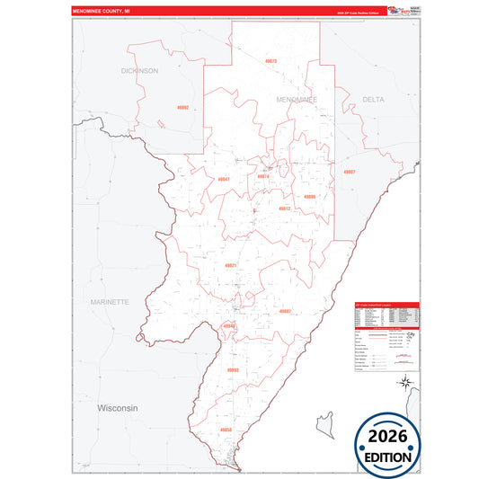 Menominee County, MI Red Line 5 Digit ZIP Code Wall Map