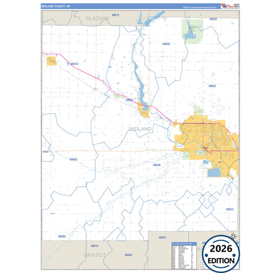 Midland County, MI Business Reference 5 Digit ZIP Code Wall Map