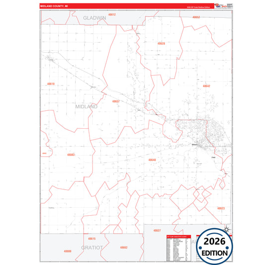 Midland County, MI Red Line 5 Digit ZIP Code Wall Map