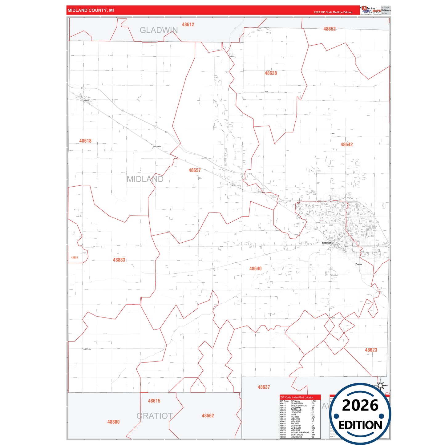 Midland County, MI Red Line map with detailed roads, cities, and ZIP code boundaries.