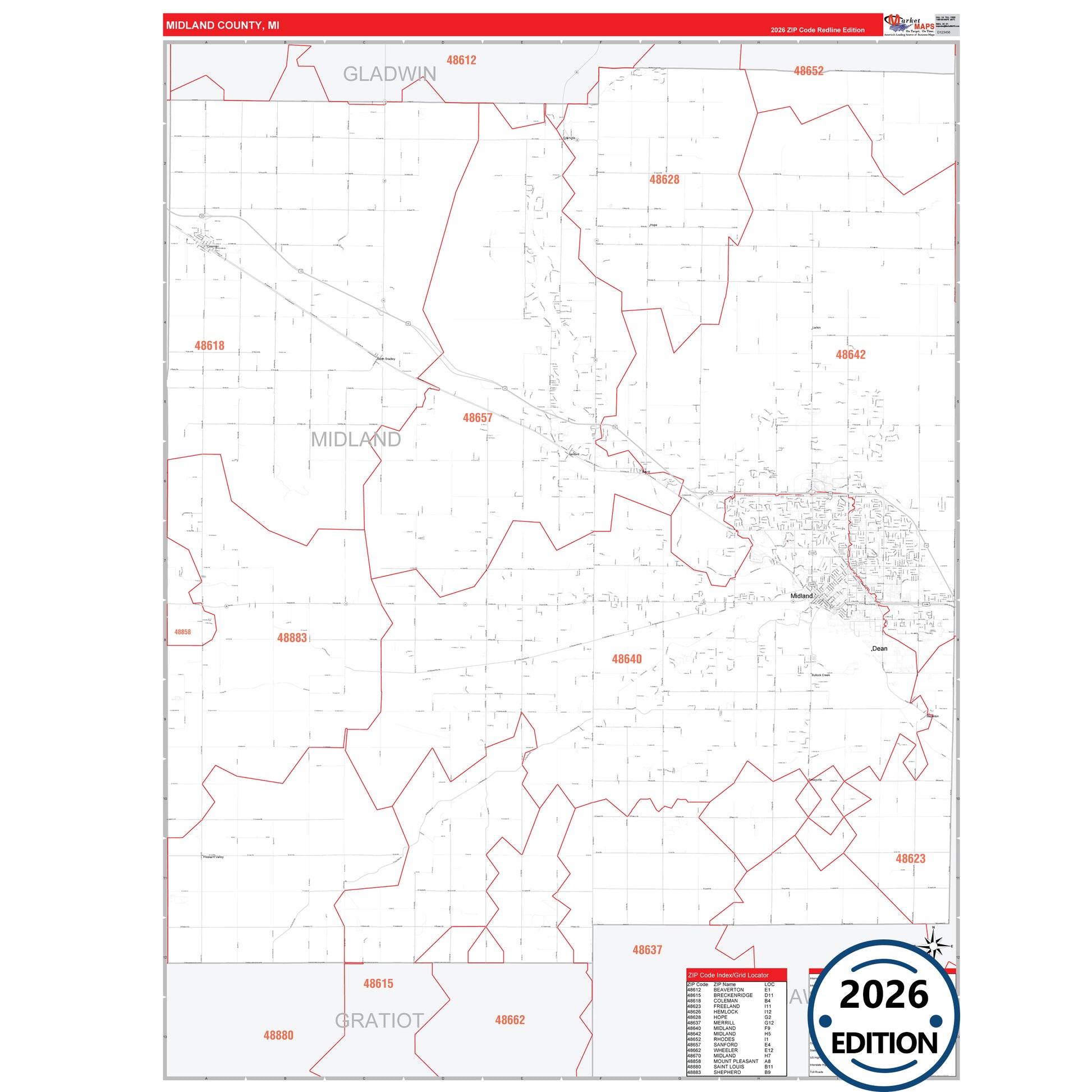 Midland County, MI Red Line map with detailed roads, cities, and ZIP code boundaries.
