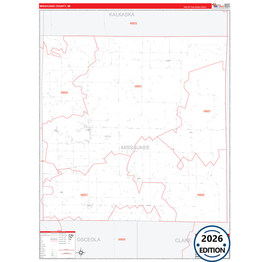Missaukee County, MI Red Line 5 Digit ZIP Code Wall Map
