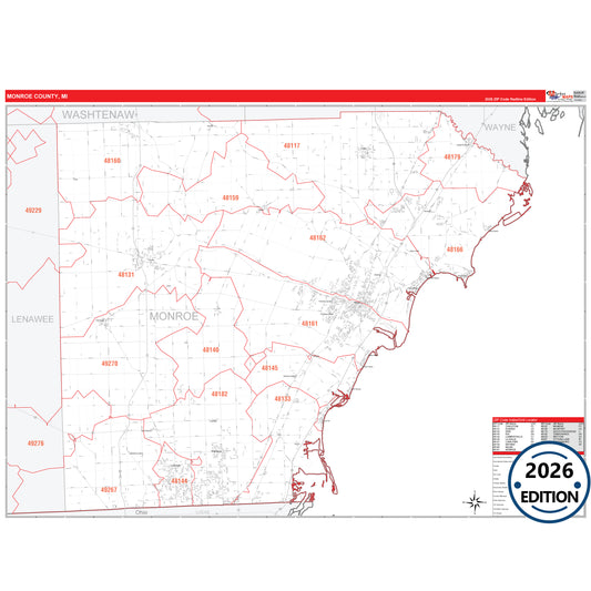 Monroe County, MI Red Line 5 Digit ZIP Code Wall Map