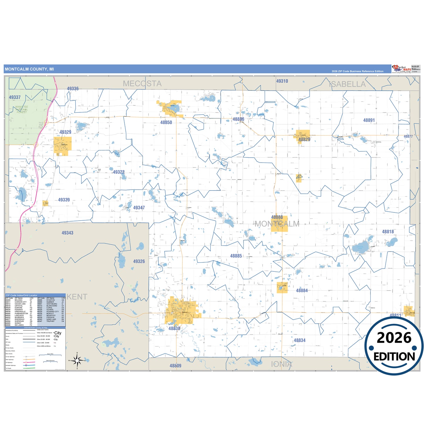 Montcalm County, MI Business Reference 5 Digit ZIP Code Wall Map