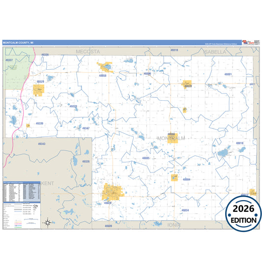 Montcalm County, MI Business Reference 5 Digit ZIP Code Wall Map
