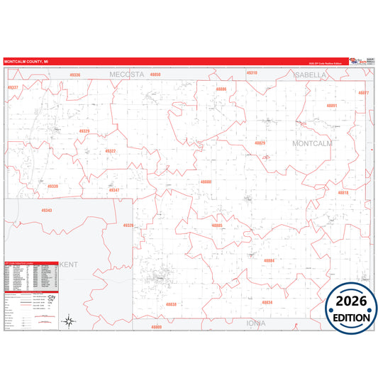 Montcalm County, MI Red Line 5 Digit ZIP Code Wall Map