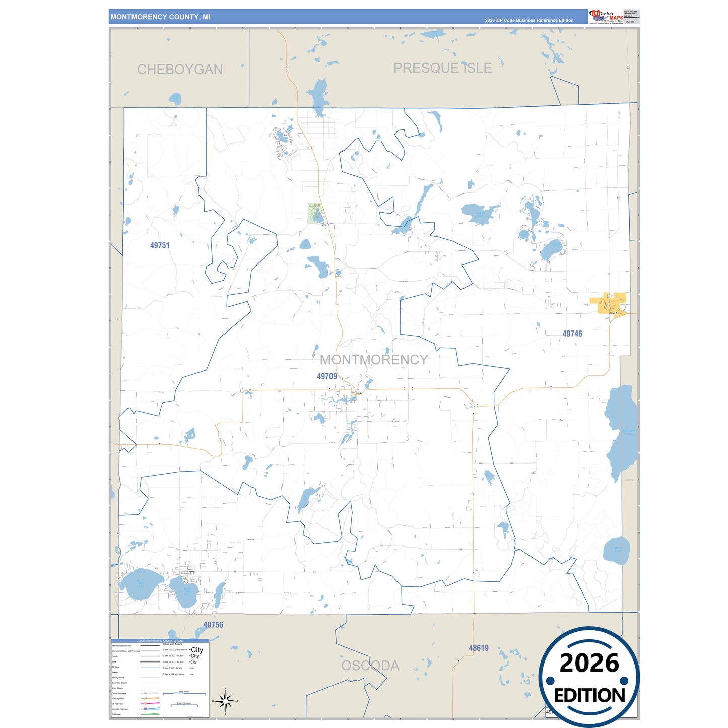 Montmorency County, MI Business Reference 5 Digit ZIP Code Wall Map