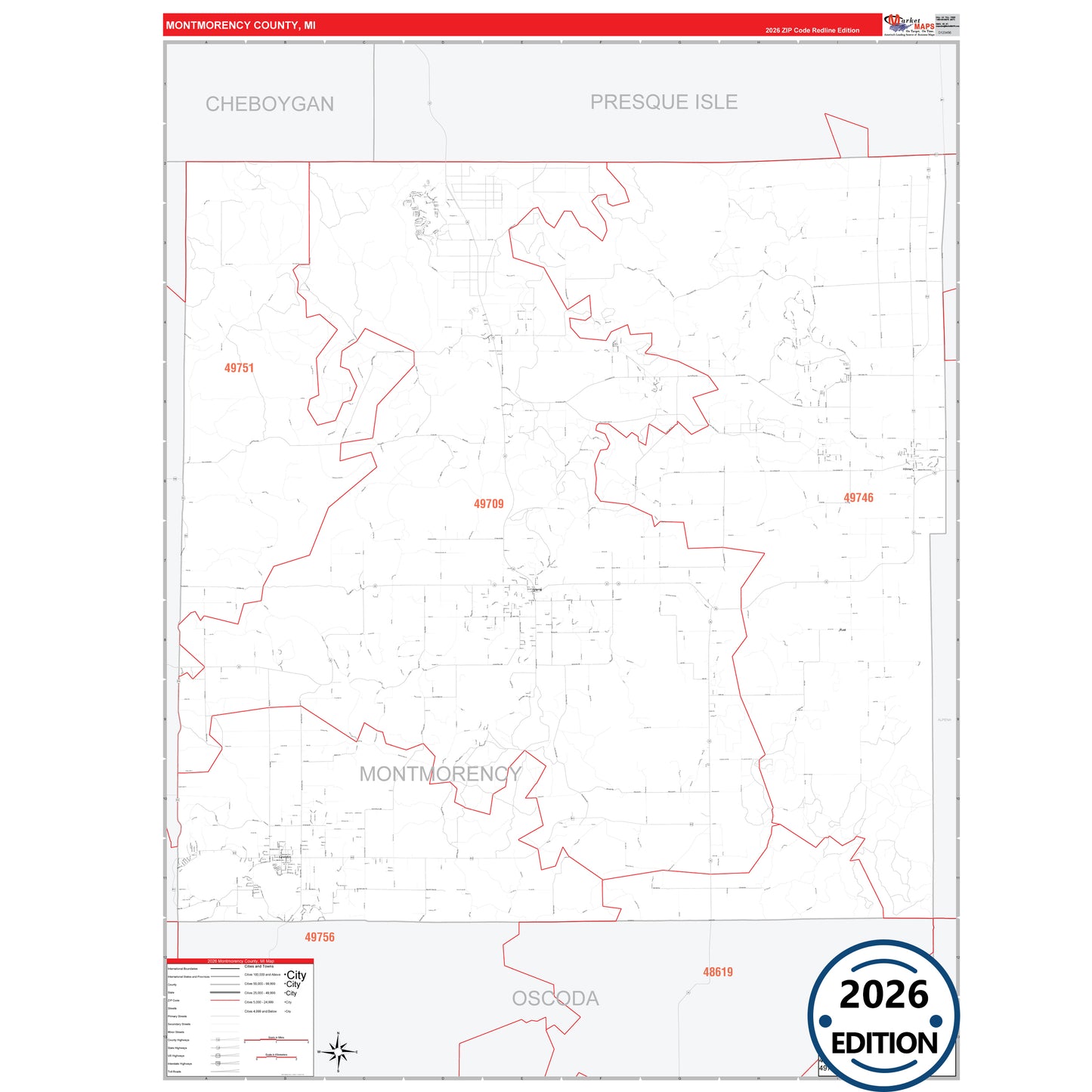 Montmorency County, MI Red Line 5 Digit ZIP Code Wall Map