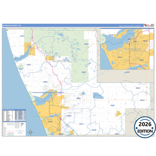Muskegon County, MI Business Reference 5 Digit ZIP Code Wall Map