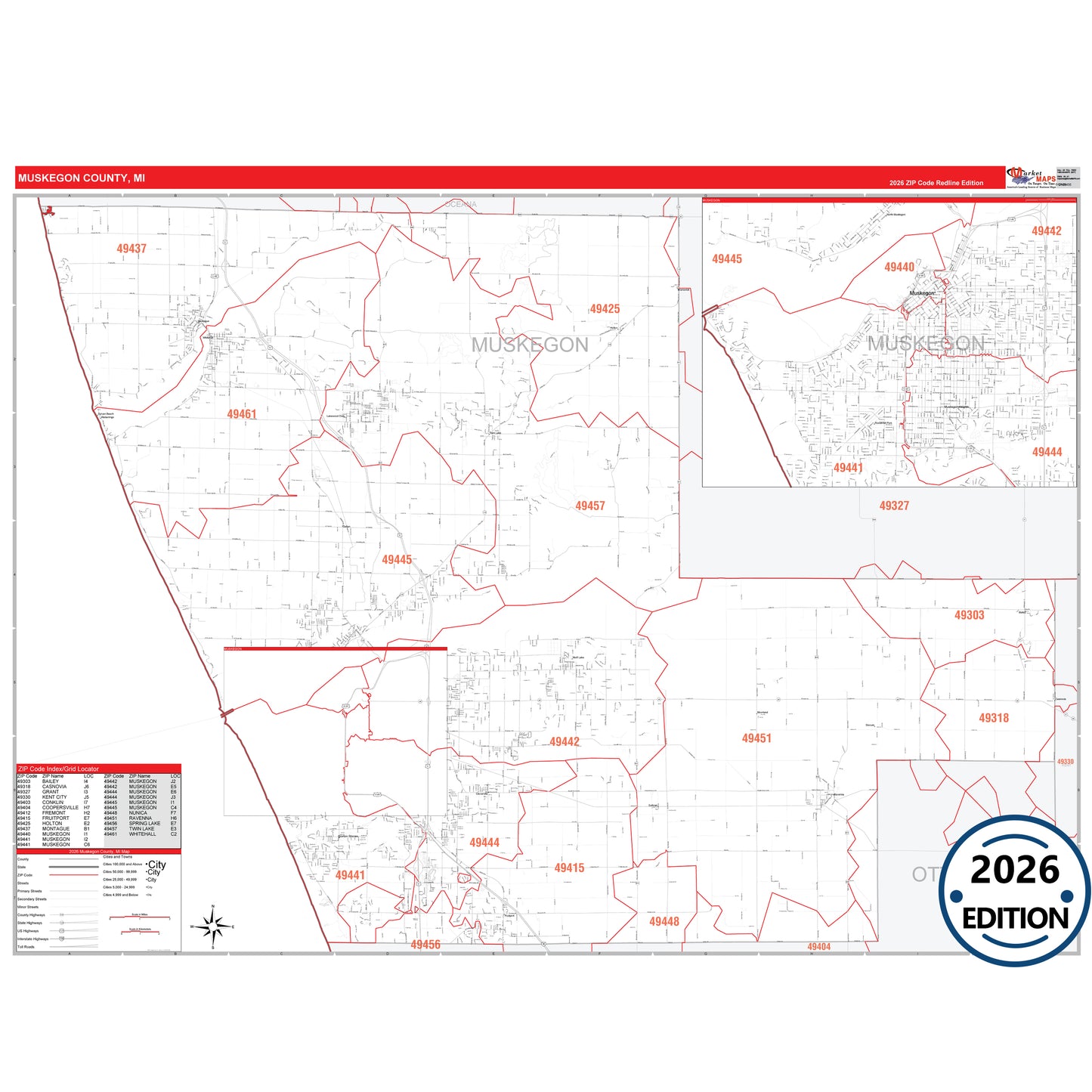 Muskegon County, MI Red Line 5 Digit ZIP Code Wall Map