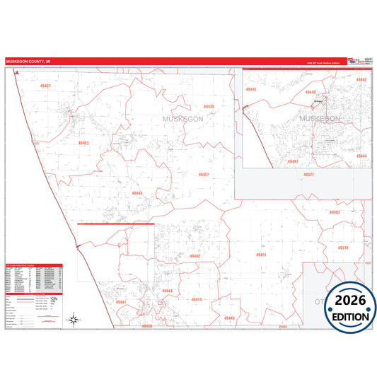 Muskegon County, MI Red Line 5 Digit ZIP Code Wall Map