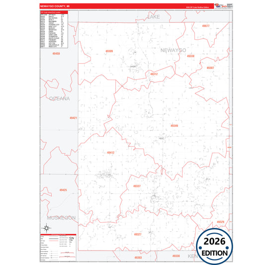 Newaygo County, MI Red Line 5 Digit ZIP Code Wall Map