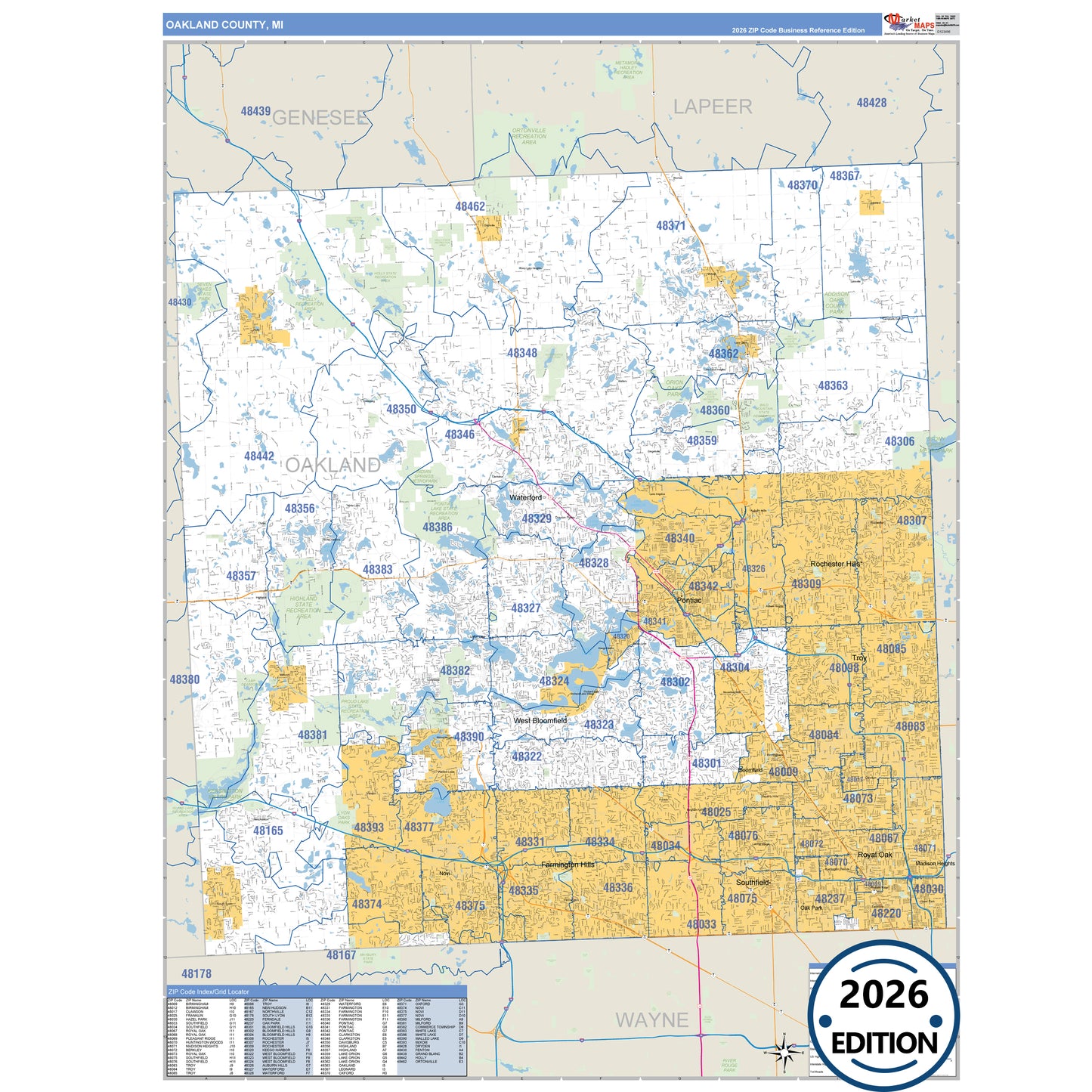 Oakland County, MI Business Reference 5 Digit ZIP Code Wall Map