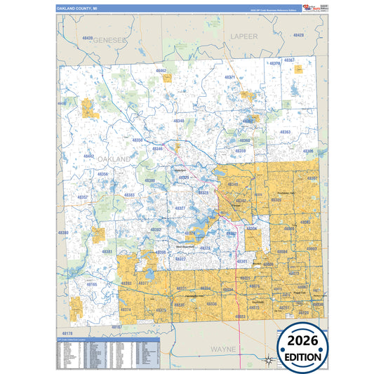Oakland County, MI Business Reference 5 Digit ZIP Code Wall Map