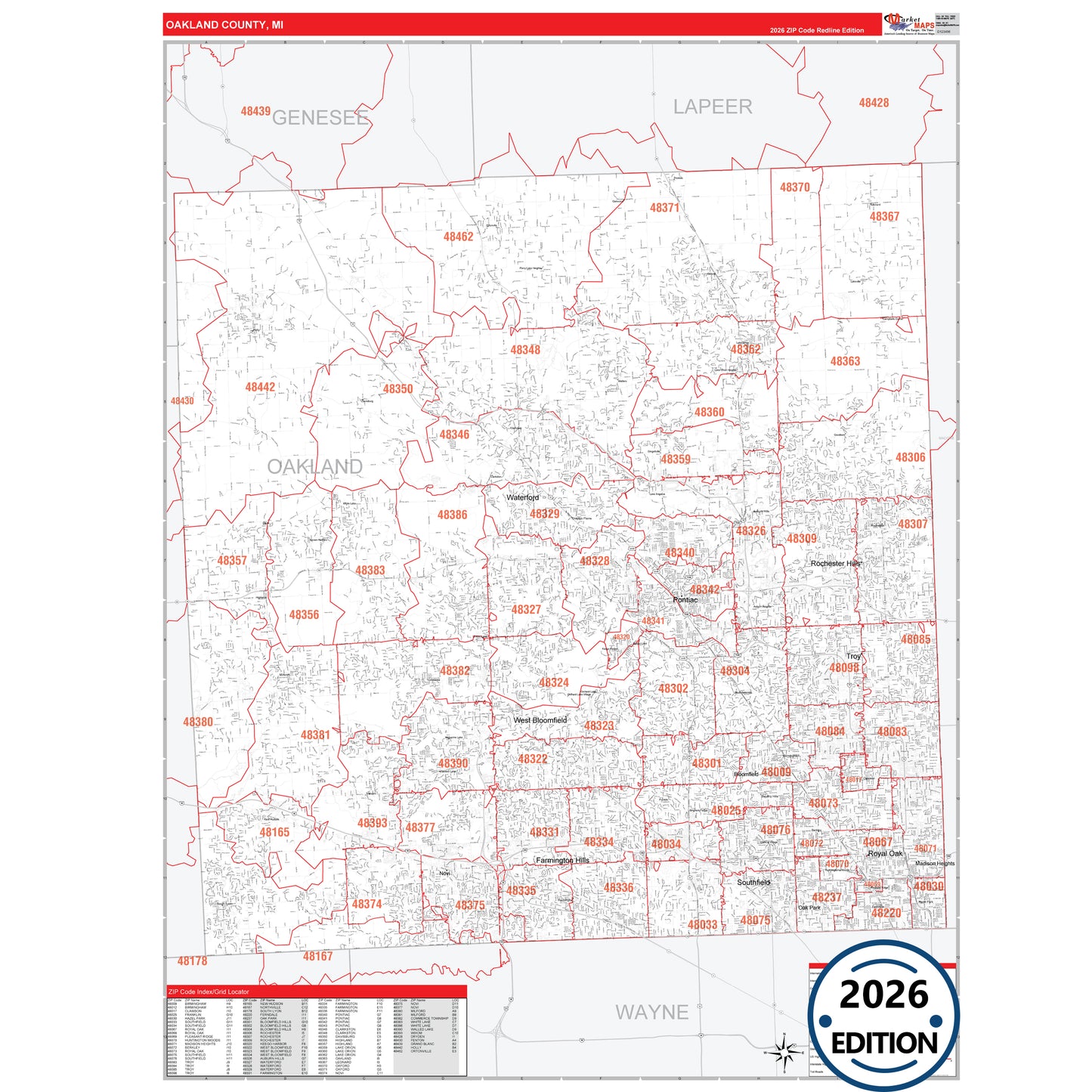 Oakland County, MI Red Line 5 Digit ZIP Code Wall Map