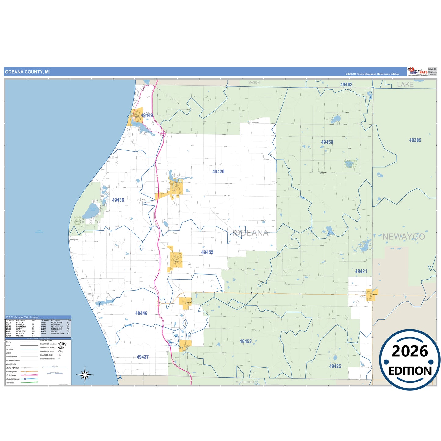 Oceana County, MI Business Reference 5 Digit ZIP Code Wall Map