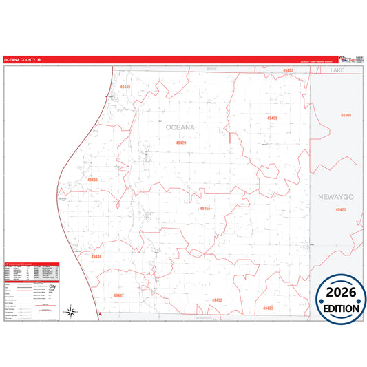 Oceana County, MI Red Line 5 Digit ZIP Code Wall Map