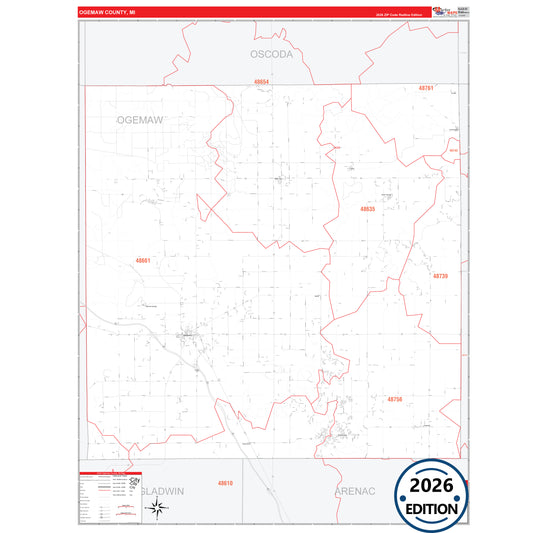 Ogemaw County, MI Red Line 5 Digit ZIP Code Wall Map