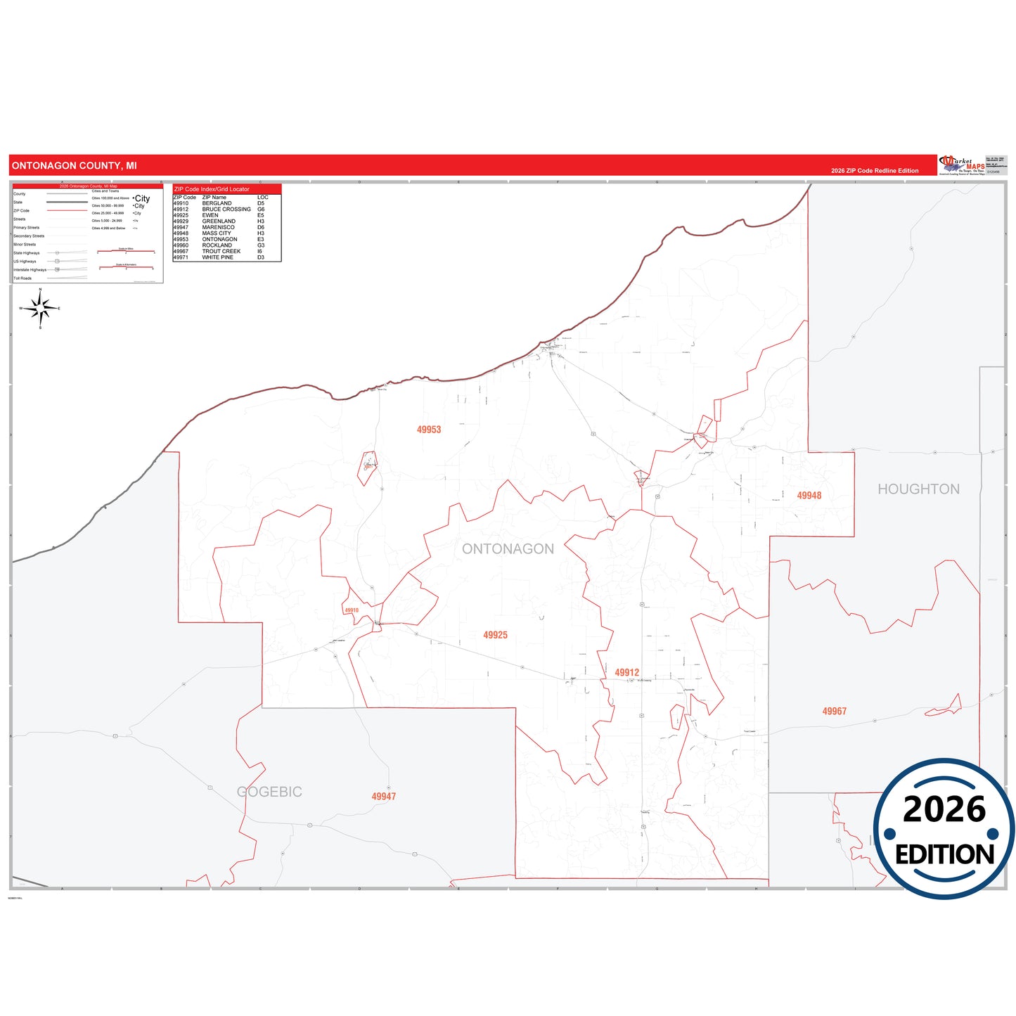 Ontonagon County, MI Red Line 5 Digit ZIP Code Wall Map