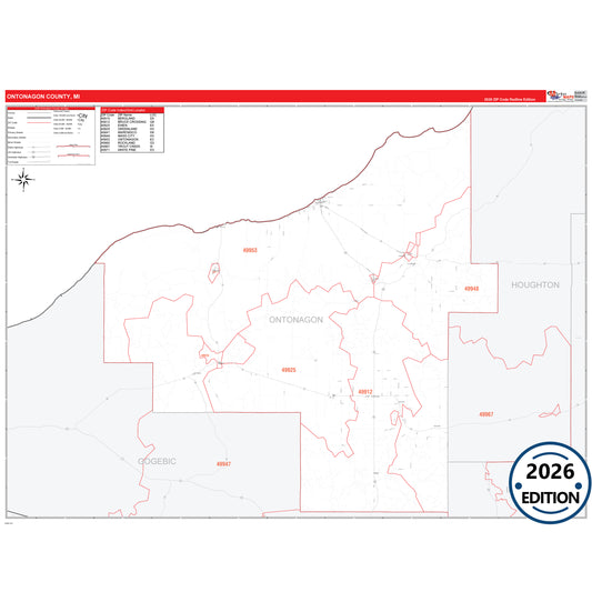 Ontonagon County, MI Red Line 5 Digit ZIP Code Wall Map